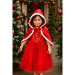 Red Christmas Dress with Hooded Shawl/Cloak